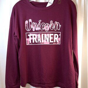 NWT Girls Justice Long Sleeve Size 18/20 Maroon Top "Unicorn Trainer"
